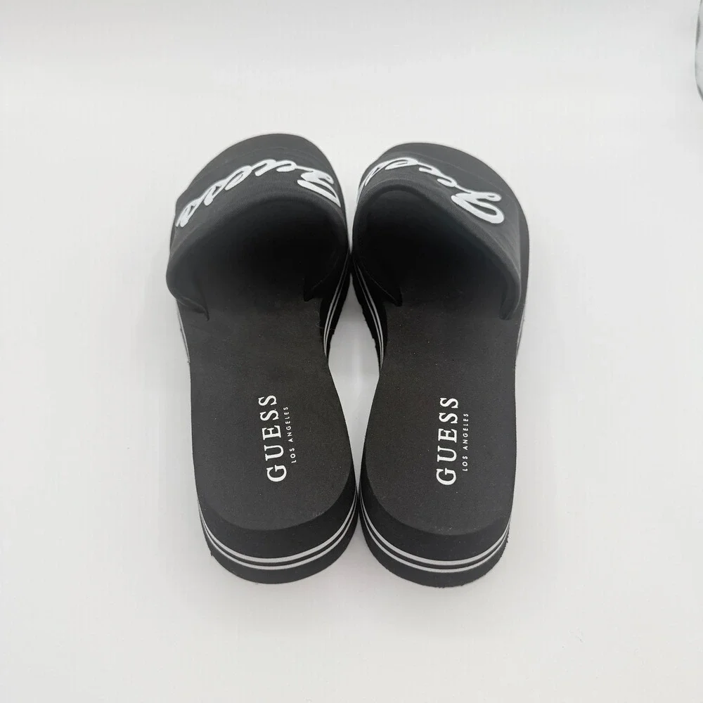 Guess Slide Sandals Womens 8 Black Script Logo Striped Foam Platform Y2K